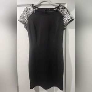 Dex Black and White Mini Dress with Patterned Sleeves
